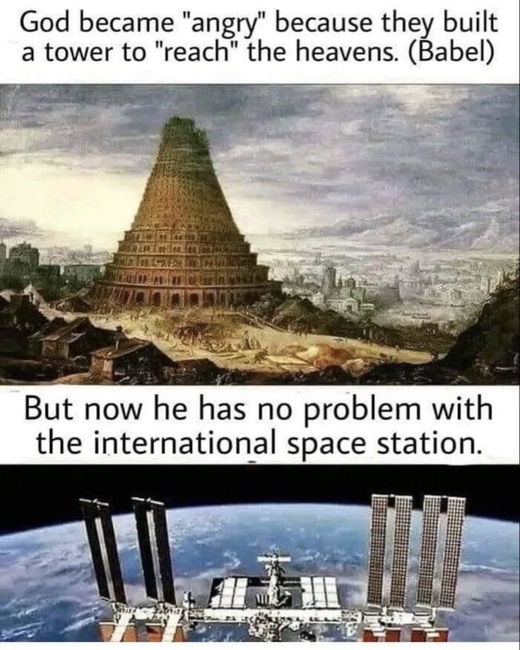 Why was got angry at the Tower of Babel, but not at satellites?