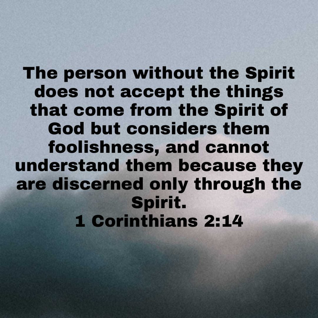 “The person without the Spirit does not accept the things that come from the Spirit of God but considers them foolishness, and cannot understand them because they are discerned only through the Spirit.”